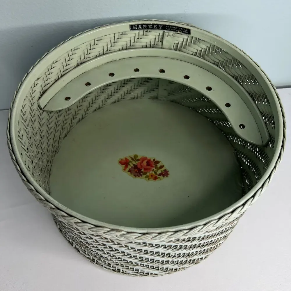 Vtg 60s Harvey Wicker Woven Lidded Sewing Basket  Box Cottage Floral Top Decal